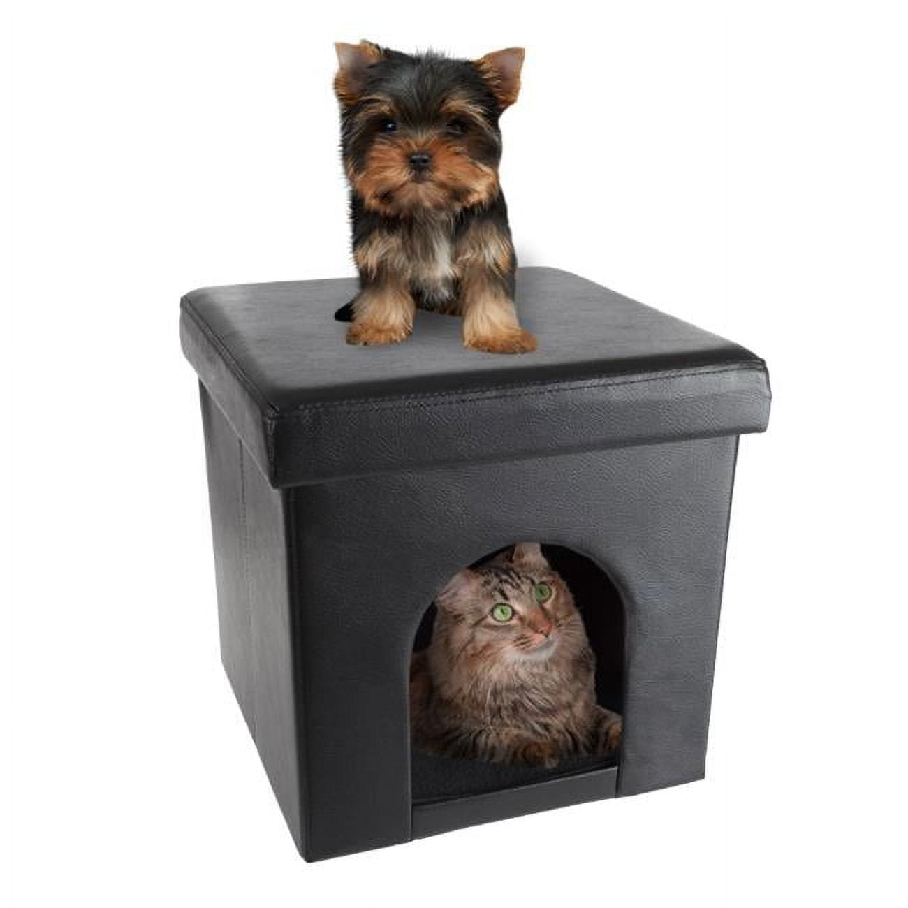Compact Black Faux Leather Pet House Ottoman with Cushioned Top