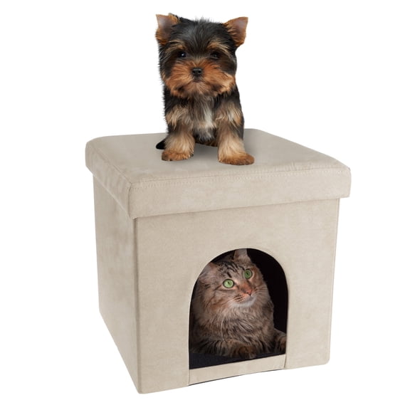 Pet House Ottoman- Collapsible Multipurpose Cat or Small Dog Bed Cube and Footrest with Cushion Top and Interior Pillow by PETMAKER (Microsuede Tan)