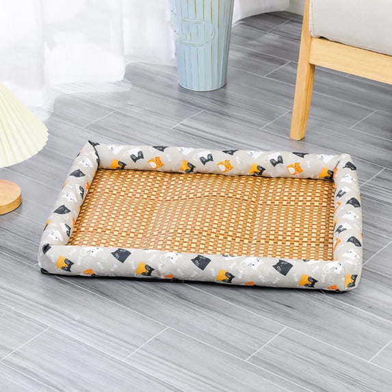 Pet Ice Pad Mat, Washable Natural Rattan Pet Cooling Mat Bed For Dogs Cats, Pets Ice Pad Rattan Mat Nest, Summer Pet Woven Breathable Square Mat Sleeping Pad With Pillow For Dogs Cats, 90*70cm Grey