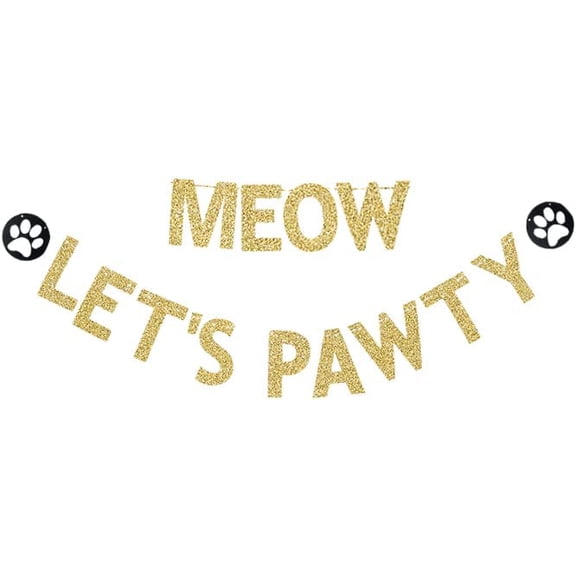 Pet Kitten's/Pet Cats Birthday Party Decorations, Gold Gliter Paper Sign Banners (Pawty Time)