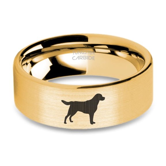 Pet Labrador Retriever Engraved Brushed Yellow Gold Tungsten Ring, 8mm, Size 8.5