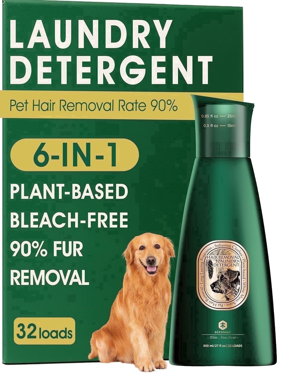 Seedshub Pet Hair Removal Laundry Detergent, 90% Fur Removal, 2-in-1 Enzyme Odor & Stain Remover, Cedar Scent, 27 fl oz, 32 Loads