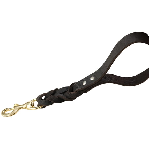 Pet Leash for Large Dogs, 11.8 inch Short Genuine Cowhide Leather Quick Control Leash with Hand-Woven Handle, Rivet Reinforced Strong Training Tab & Brass Snap, Colorfast for German Shepherds, Black