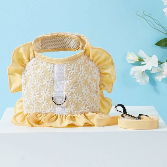 Pet Leash and Harness Set with Daisy Embroidery and Lace Details for Small Dogs and Cats