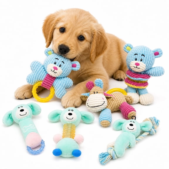 Pet Life 6-Piece Boy Puppy Starter Kit Plush Rope Teething and Crinkle Dog Toy Set - Blue