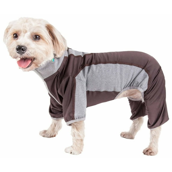 Pet Life YGHL3BKMD Active Warm-Pup Heathered Performance 4-Way Stretch Two-Toned Full Bodied Track Suit - Brown & Grey, Medium