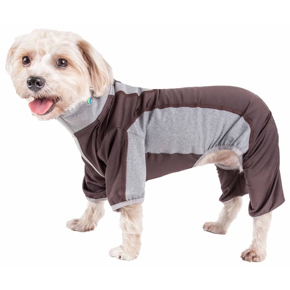 Pet Life YGHL3BKSM Active Warm-Pup Heathered Performance 4-Way Stretch Two-Toned Full Bodied Track Suit - Brown & Grey, Small