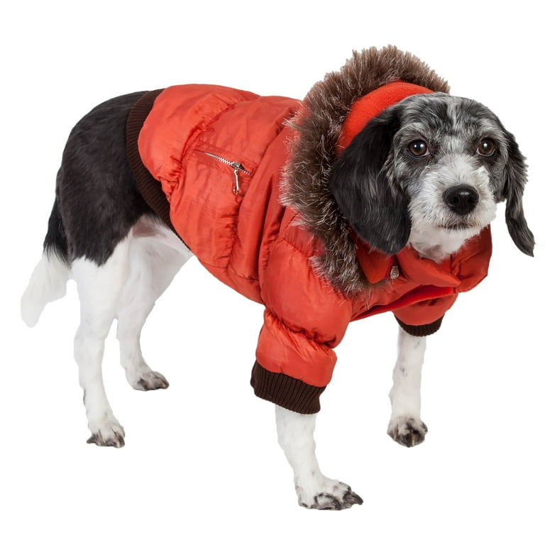 Pet Life Metallic Orange Fashion Parka Insulated Dog Coat with Removable Hood