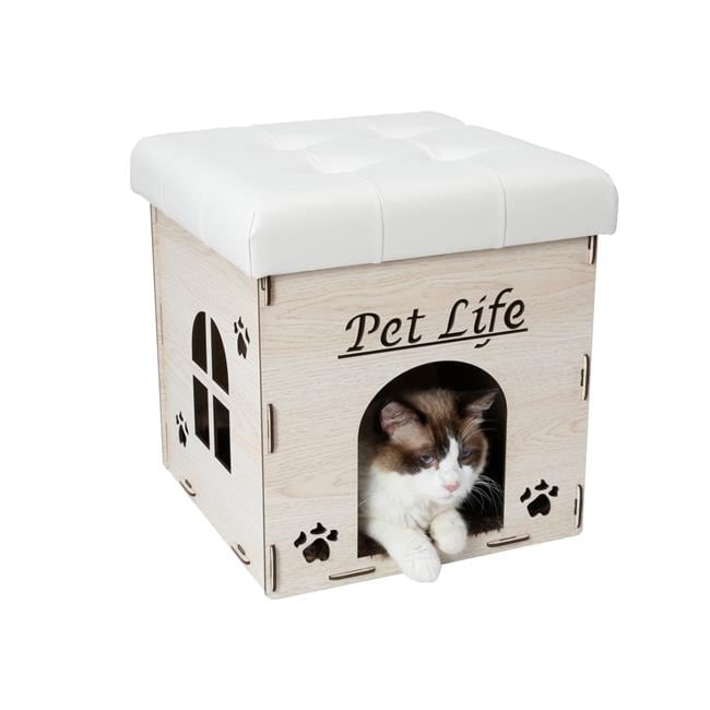 White Collapsible Cat House Bench with Pleather Cushion