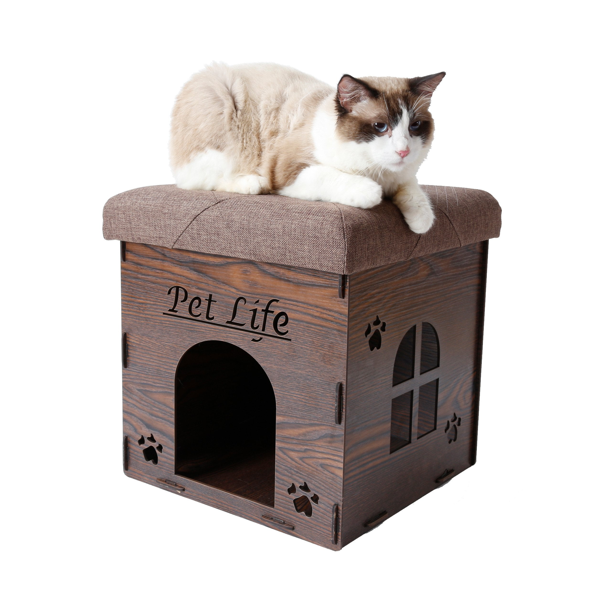 Dark Wood Collapsible Cat House Bench with Cushion