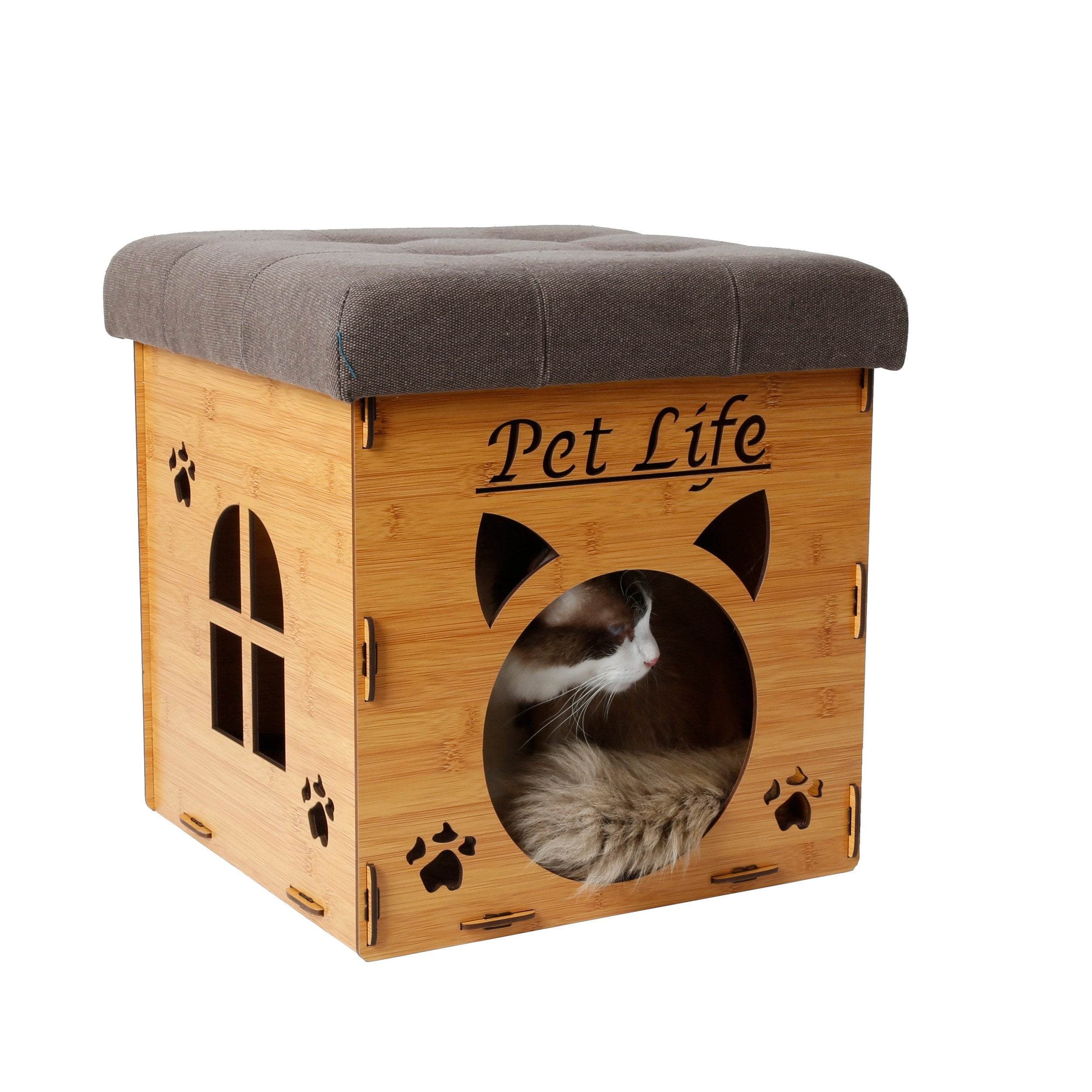 Light Wood Collapsible Cat House Bench with Gray Cushion