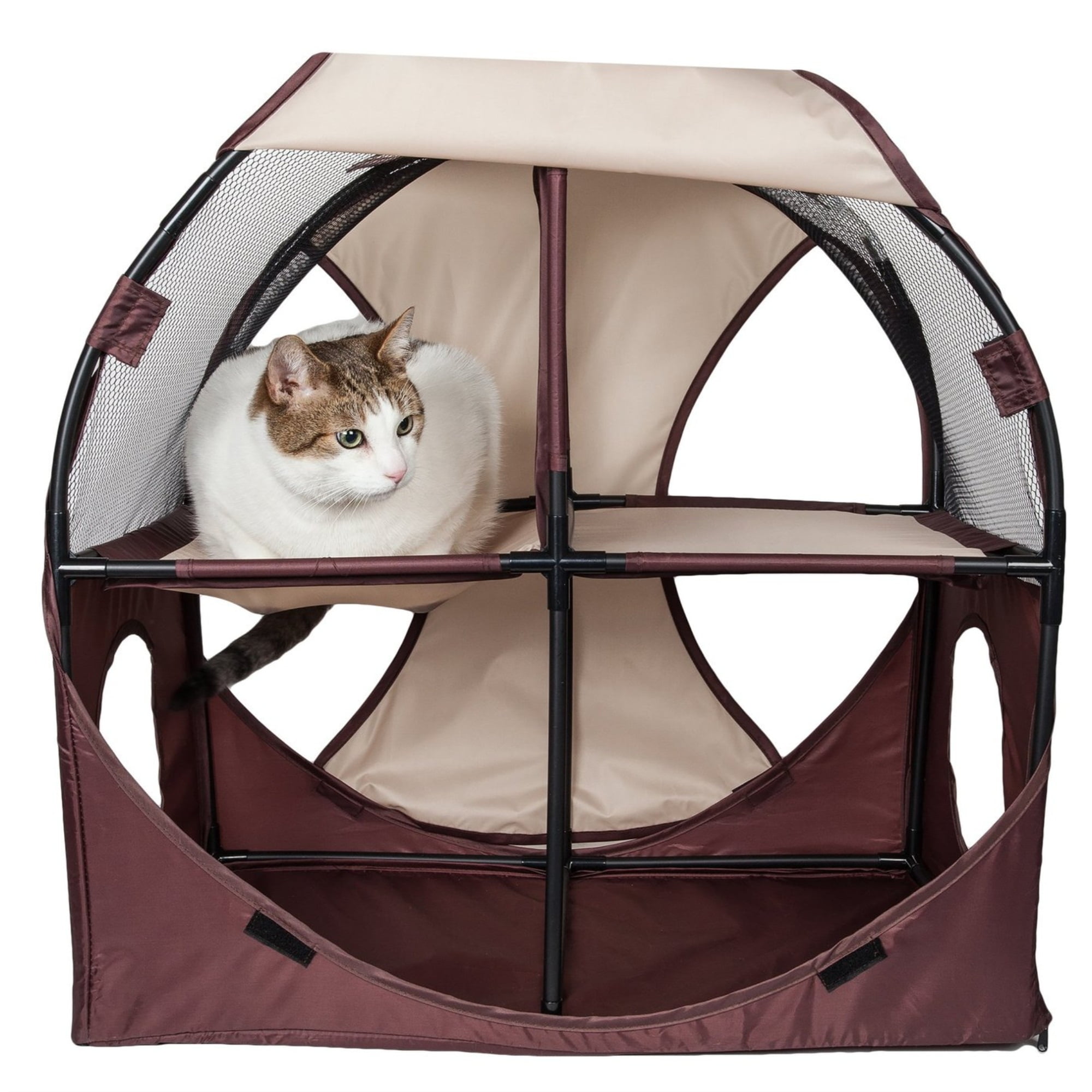Khaki and Brown Collapsible Soft Folding Cat House with Mesh