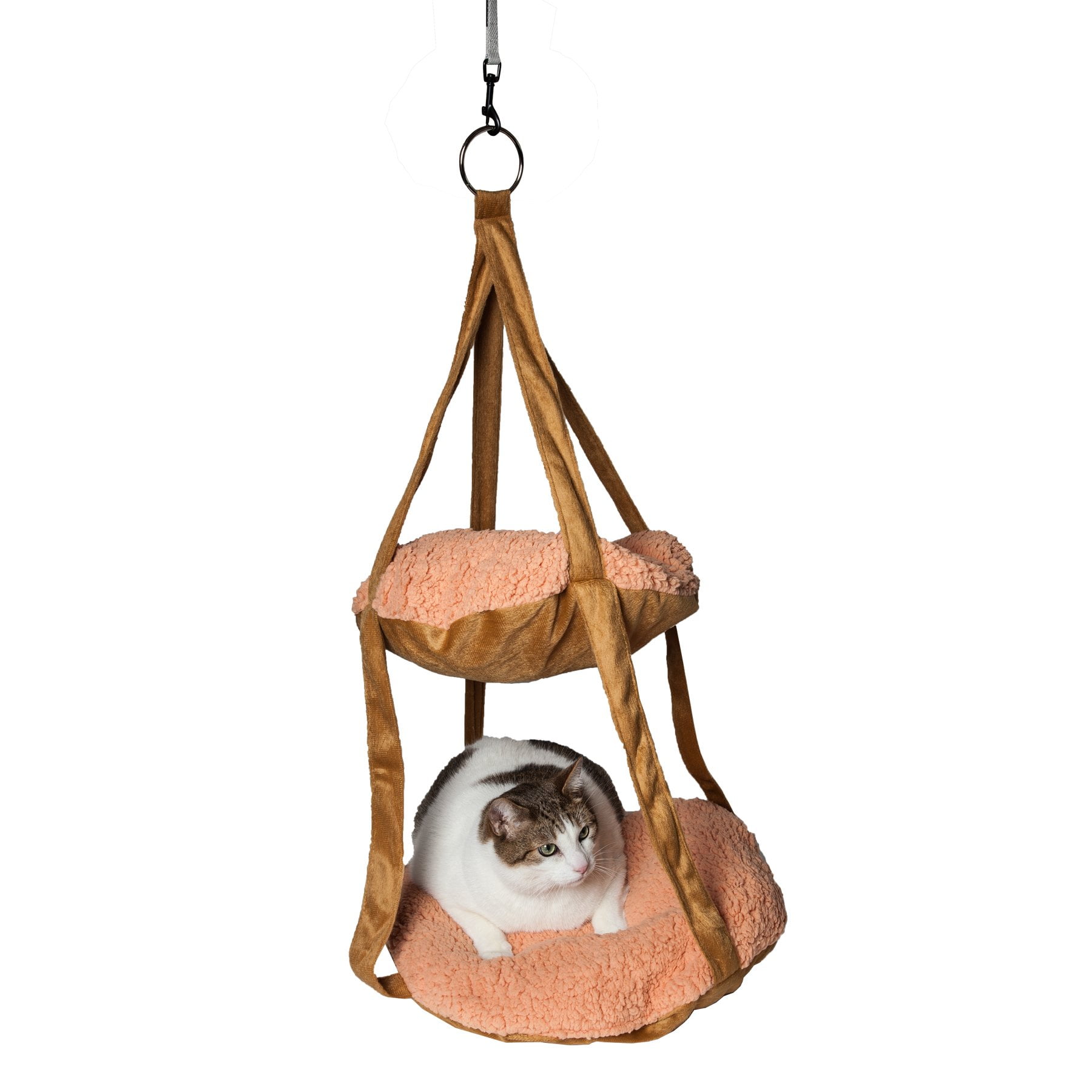 Brown Dual-Lounge Hanging Cat Hammock with Fiberfill Cushions