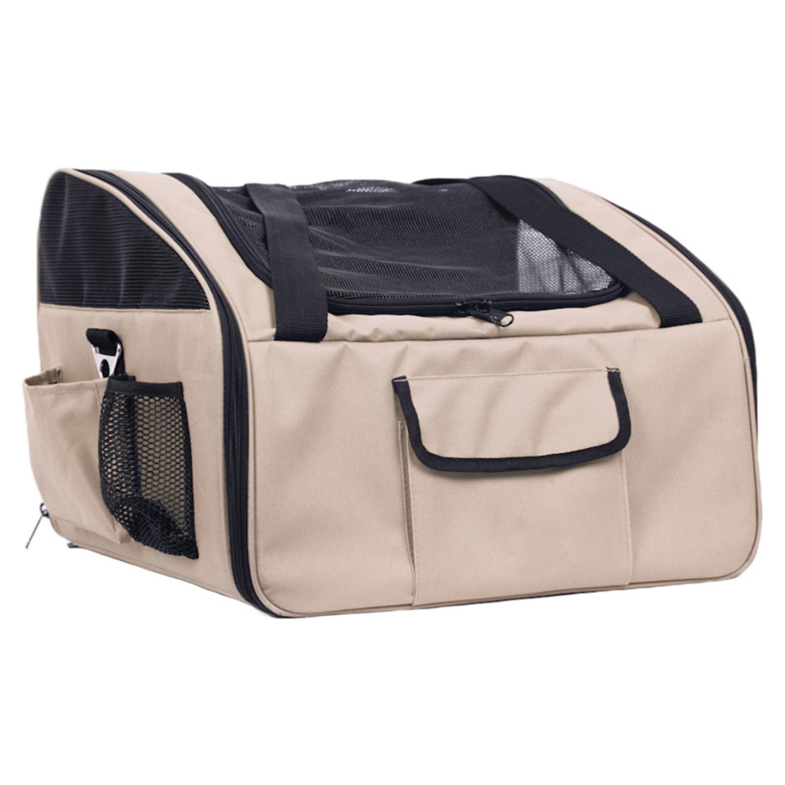 Beige and Black Soft-Sided Dog Carrier with Mesh Sunroof