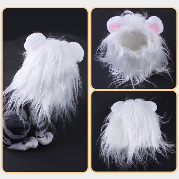 Pet Lion Mane Hat For Dogs Cats - Funny Outfit With White Fluffy Fur, Pink Ear Details - Halloween Christmas Party Dress-Up, Daily Wear, Festival Decoration