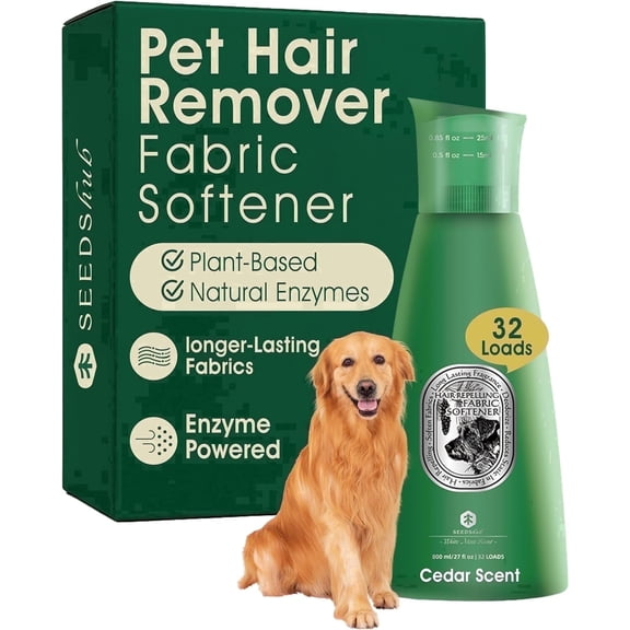 Seedshub Pet Hair Defense Liquid Fabric Softener, Pet Hair Remover for Dog & Cat Laundry, Anti-Static Fur Release, Cedar Scent, 27 fl oz, 32 Loads