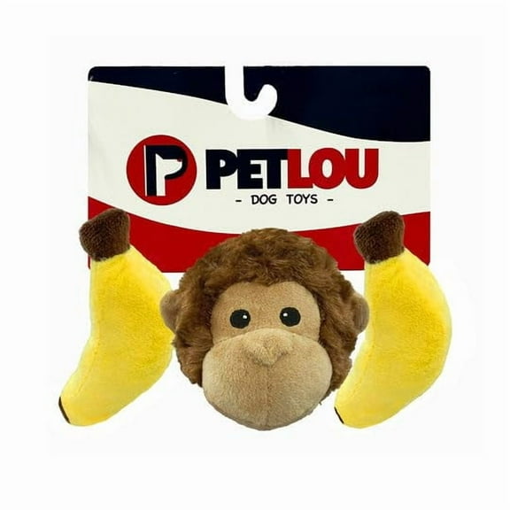 Pet Lou EZ Squeaky Squeaky Ball Triple Pack, Monkey and Banana, 4-inches Length, Brown and Yellow, Plush, Pet Toys and Supplies