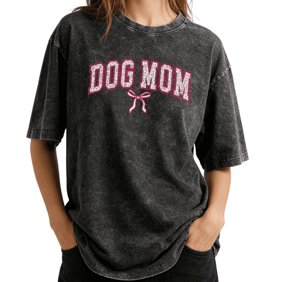 Pet Lover Themed Varsity DOG MOM with Heart Paw Print Wash Print Tshirt Graphic Tees Shirts Charcoal Oversize S-2XL Casual Tops