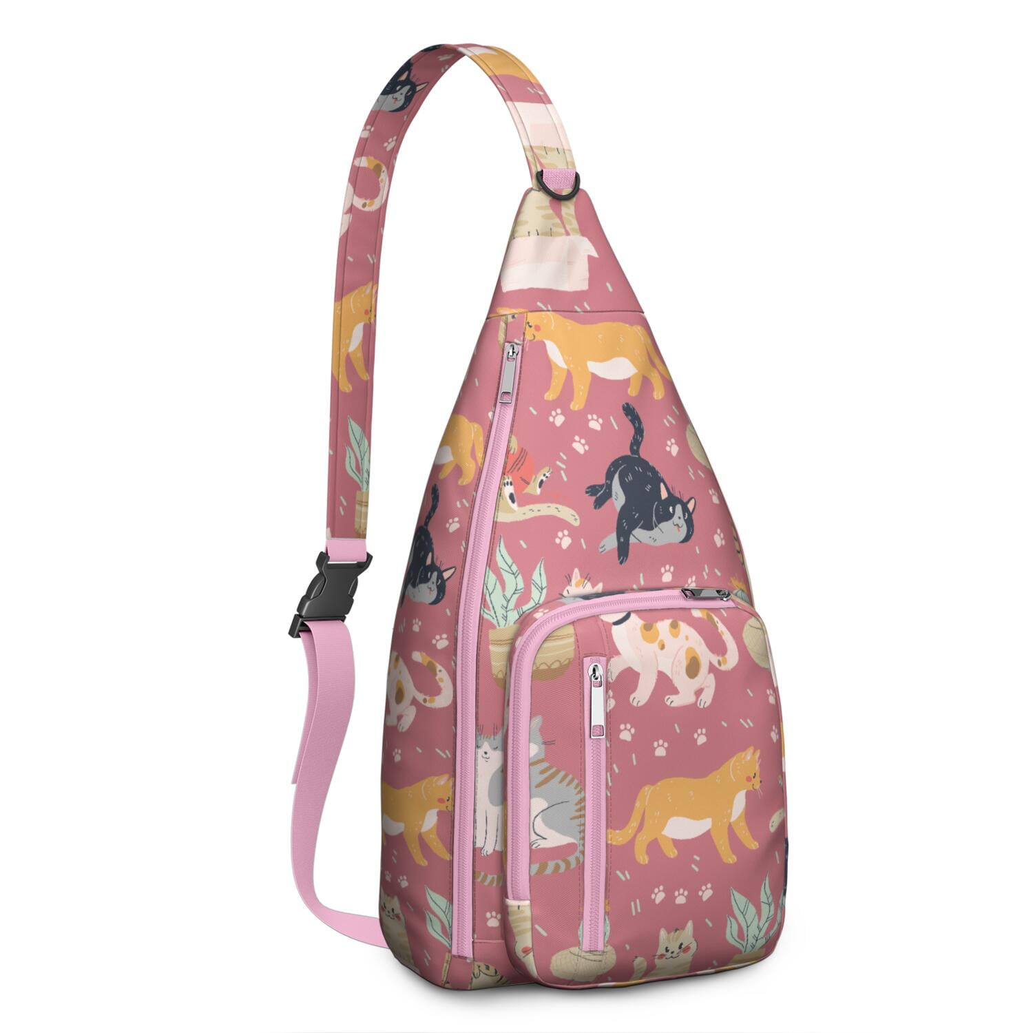 Pet Lover's Shoulder Bag - Hand-drawn Cat Graphic Sling Backpack (Lightweight Chest Bag, Easy Access Pockets)
