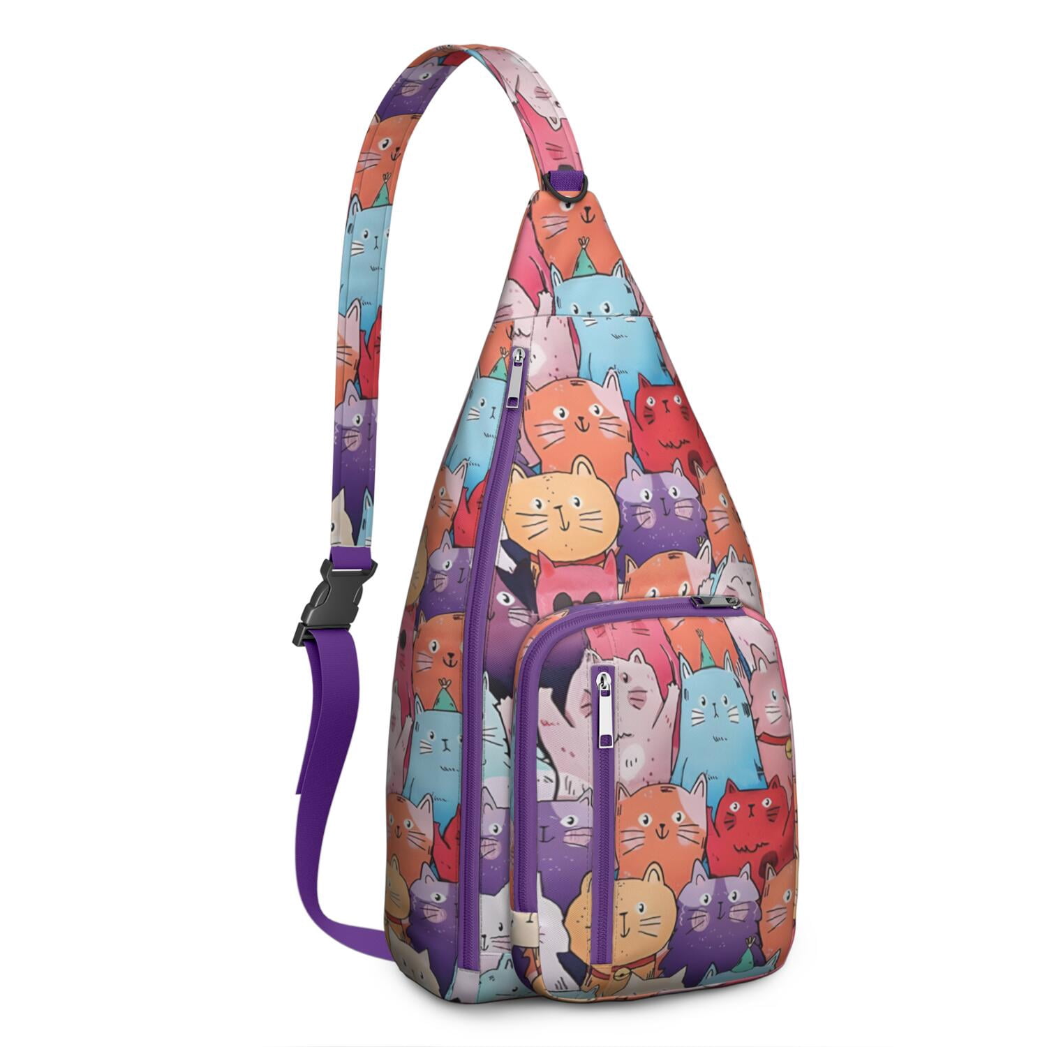 Pet Lover's Shoulder Bag - Hand-drawn Cat Graphic Sling Backpack (Lightweight Chest Bag, Easy Access Pockets)
