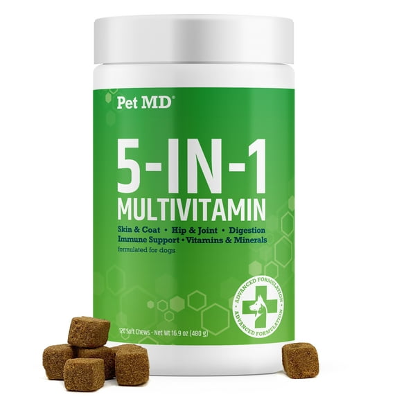 Pet MD 5in1 Dog Multivitamin - 30 Essential Vitamins, Minerals & Nutrients for Skin & Coat, Hip & Joint, Digestion, Immune & Senior Dog Vitamins - Glucosamine, Omega 3 6 9, & Probiotics - 120 ct