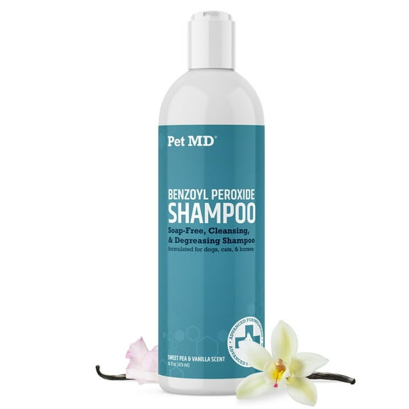 Pet MD Benzoyl Peroxide Shampoo for Dogs & Cats - Helps Remove Dead Skin, Unclog Pores, and Manage Mange - Seborrhea and Degreasing Shampoo for Pet Skin Maintenance - Sweet Pea Vanilla Scent (16oz)