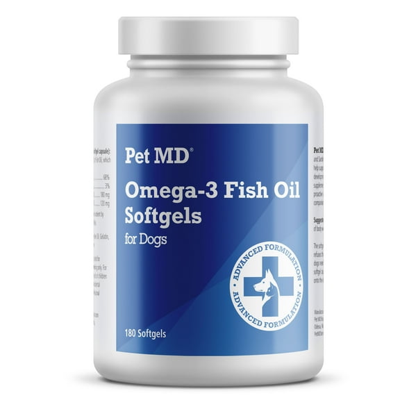 Pet MD  Omega 3 Fish Oil Supplement for Dogs  Skin and Coat Support for Dogs  180 Softgels