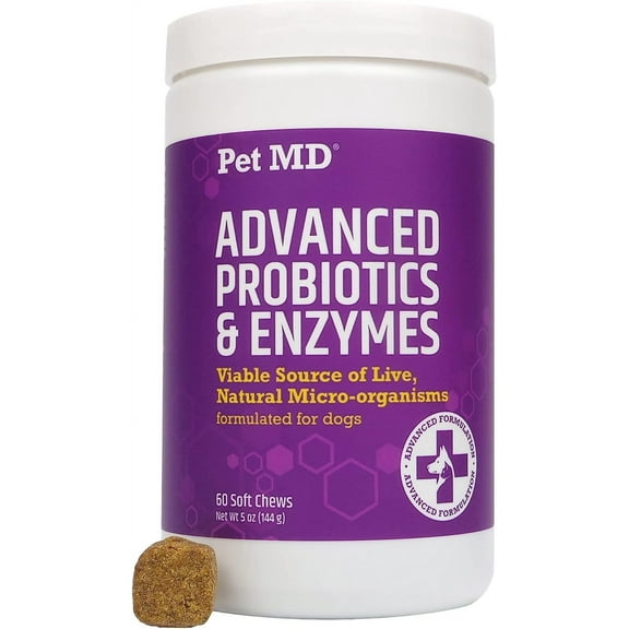 Pet MD Probiotics & Enzymes for Dogs - Gut Health Chews with Prebiotics - Digestive Aid for Dogs with Upset Stomach, Diarrhea, Constipation, or Gas - Functional Probiotics for Dogs - 60 ct