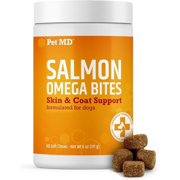 Pet MD Salmon Omega Bites for Dogs - Dog Skin and Coat Supplement with Omega 6 for Dogs & Omega 3 Fish Oil for Dogs Plus DHA & EPA - Promote Dog Allergy Relief & Dry Skin Relief for Dogs - 60 ct