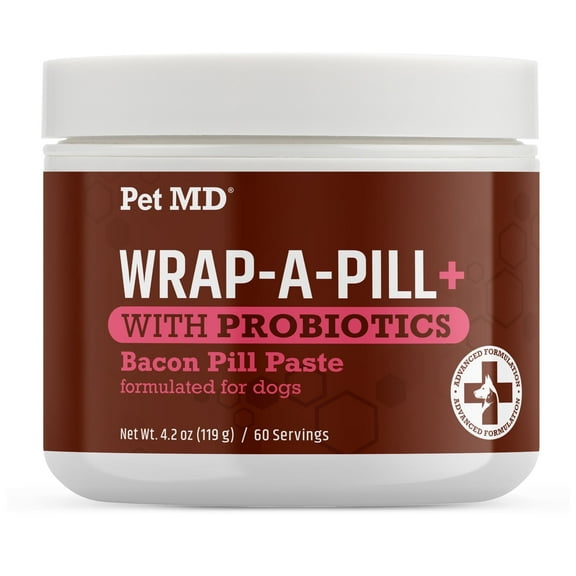 Pet MD Wrap-A-Pill with Dog Probiotics - Pill Wrap for Dogs Medicine - Easy-to-Use Paste to Hide Capsules, Create Pockets and Pill Treats for Dogs - Bacon (4.2oz)