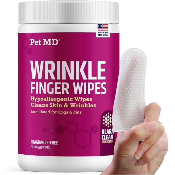 Pet MD Wrinkle Finger Wipes for Dogs & Cats - Dog Tear Stain Remover and Debris Cleaner for Skin Folds - Fragrance-Free & Hypoallergenic Grooming Wrinkle Wipes French Bulldog, Pug, and More - 50ct