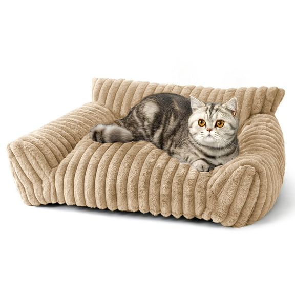 Sanmadrola Cute Cat Bed for Indoor Cats, Couch Bed with Removable Washable,Premium Soft Corduroy Fleece Pet Bed for Small Dog & Cat,Khaki