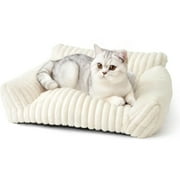 Sanmadrola Cute Cat Bed for Indoor Cats, Couch Bed with Removable Washable,Premium Soft Corduroy Fleece Pet Bed for Small Dog & Cat,Milk White