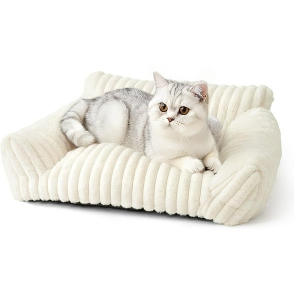 Sanmadrola Cute Cat Bed for Indoor Cats, Couch Bed with Removable Washable,Premium Soft Corduroy Fleece Pet Bed for Small Dog & Cat,Milk White