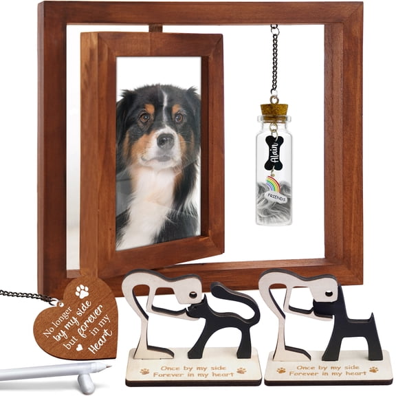 Pet Memorial 4x6 Picture Frame Wooden Rotating Walnut, Cat Remembrance Gifts, Pet Dogs Hair Keepsake Fur Jar Rainbow Bridge No Longer By My Side Heart Tag, In Loving Sympathy Animal Loss Gift PR-3W