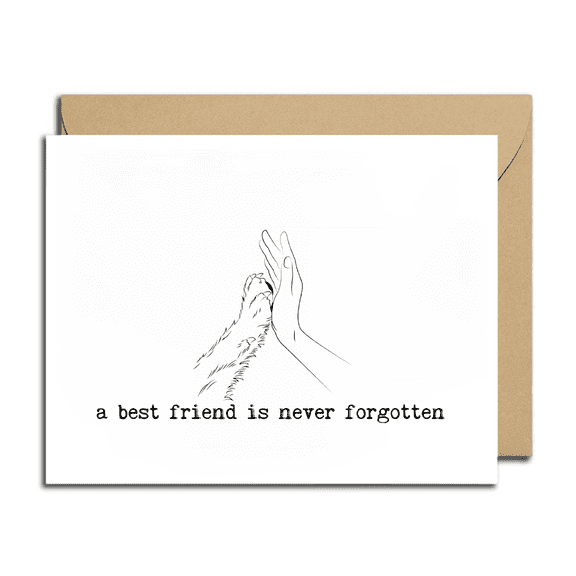 Pet Memorial Card A Best Friend is Never Forgotten Hand and Paw Design Heartfelt Sympathy Greeting Card with Envelope for Pet Loss Support