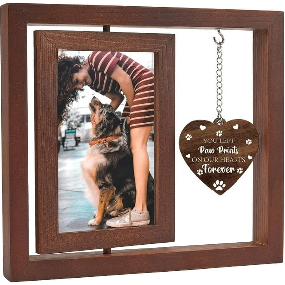 Pet Memorial Dog Picture Frame Loss of Dog Sympathy Gift Rotating Wooden 4"x6" Photo Frame Floating Picture Frame Table Customizable Friends Family 8x9 Inch Paw Print On My Heart Forever Brown DIY