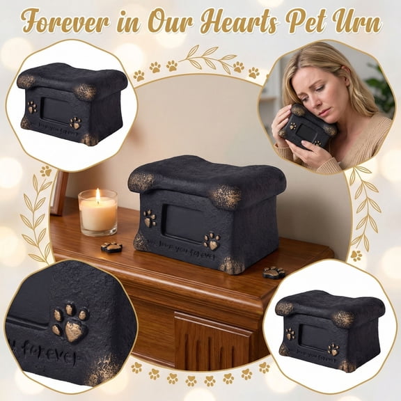 Pet Memorial Frame, Small Storage Box with Lid, Pet Urns for Cats, Bronze Distressing, Engraved "We Love You forever", 5X3 in Photo insert, Black Bone Urn, Pet Loss Sympathy Gift,