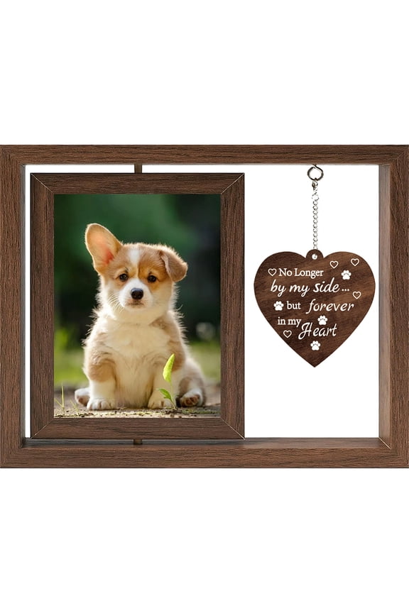Pet Memorial Frames Forever in My Heart Pet Frame Wooden Rotating 4x6 Picture Gifts with Heart Charm No Longer by My Side But Forever in My Heart Dog Sympathy Remembrance Bereavement Gift