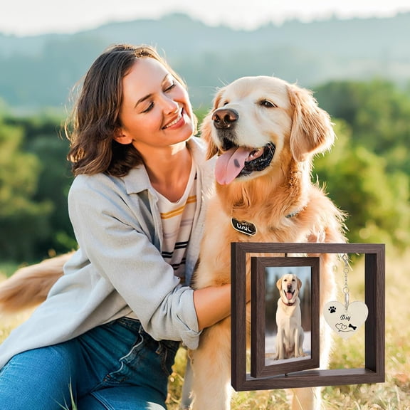 Pet Memorial Gift - Rotating Wooden Picture Frame for Dog or Cat, Heart Pendant & Holds Two Photos, Sympathy Remembrance in Memory of Pet for Family Friend