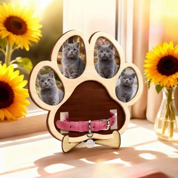 Pet Memorial Photo Album Frame 8 Inch, Wooden Desktop Ornament for Dog Cat Picture Display Solid Wood Paw Print Keepsake Gift