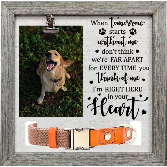Pet Memorial Picture Frame 9x9 Inch - I'm Right Here in Your Heart Wooden Pet Loss Frame with Photo Clip & Collar Holder for Dogs & Cats Paw Print Memorial Keepsake 1pc