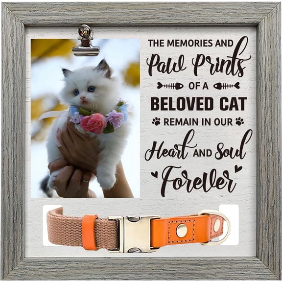 Pet Memorial Picture Frame 9x9inch The Memories and Paw Prints of a Beloved Cat Pet Picture Frames with Photo Clip & Collar Holder Wood Remembrance Picture Frame for DIY