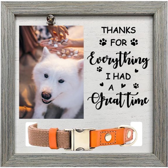 Pet Memorial Picture Frame 9x9inch Thanks for Everything I Had a Great Time Pet Picture Frames with Photo Clip & Collar Holder Wood Memorial Gift Frame for Dogs Cat Pets that Passed DIY