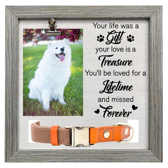 Pet Memorial Picture Frame 9x9inch Your Life Was a Gift Pet Picture Frame with Photo Clip & Collar Holder Wood Memorial Gift Frame DIY