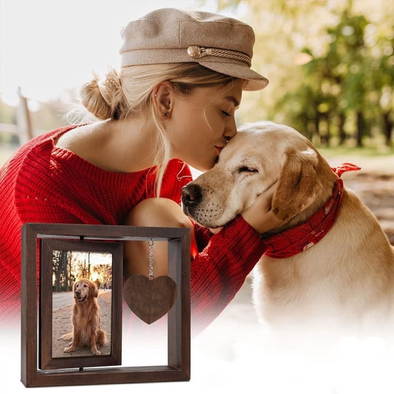 Pet Memorial Picture Frame for Dogs, Double Sided Rotating Wooden Tabletop Photo Frame, Commemorative Display for Loss of Pet