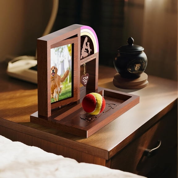 Pet Memorial Picture Frame with Rainbow Bridge, Wooden Rotating Photo Frame, Sympathy Gift for Pet Loss Bereavement Remembrance Keepsake