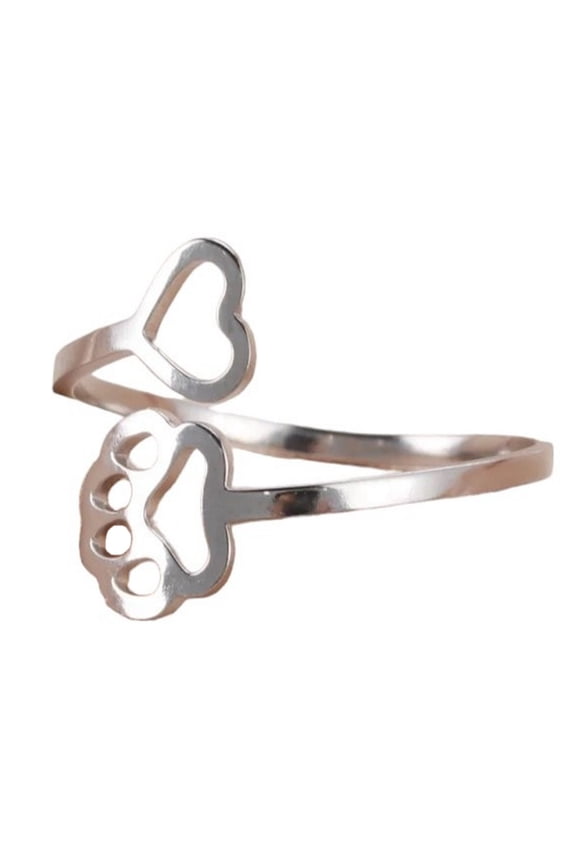 Pet Memorial Ring Silver 316L Stainless Steel Cat Dog Paw Print Heart Band