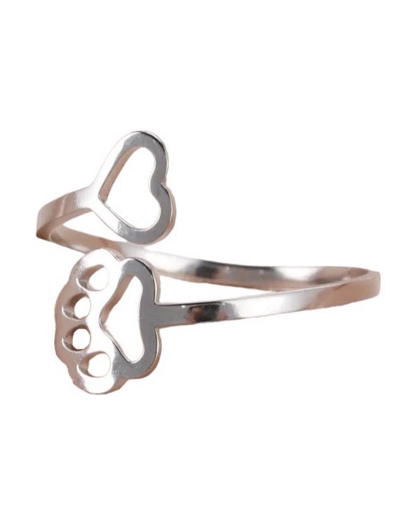 Pet Memorial Ring Silver 316L Stainless Steel Cat Dog Paw Print Heart Band