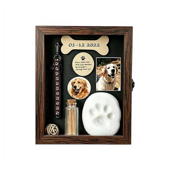 Pet Memorial Shadow Box with Collar Holder Picture Frame and Paw Print Kit, Solid Wood Dog Keepsake Box, Cat Hair Jar, Sympathy Gift for Loss of Furry Friends with Sculptures, Rustic Home Decor